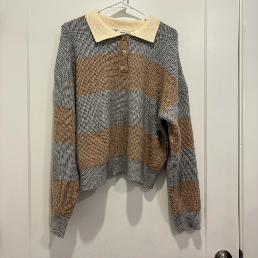 Butter Melon Striped Polo Sweater Grey Tan Ribbed Knit Button Collar Women M